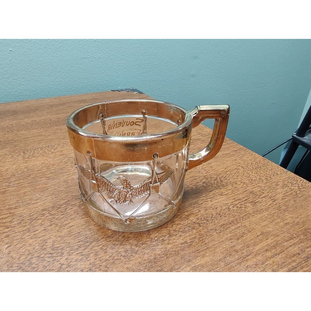 Vintage EAPG West Moreland Drum Glass Mug w/ Eagle Gold Circa 1910 Farnham N.Y.